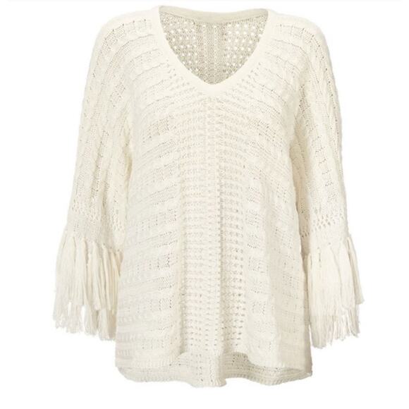 CAbi Fiesta Cream Fringe Sleeve Loose Knit Poncho Style 5803 Medium - Picture 2 of 6